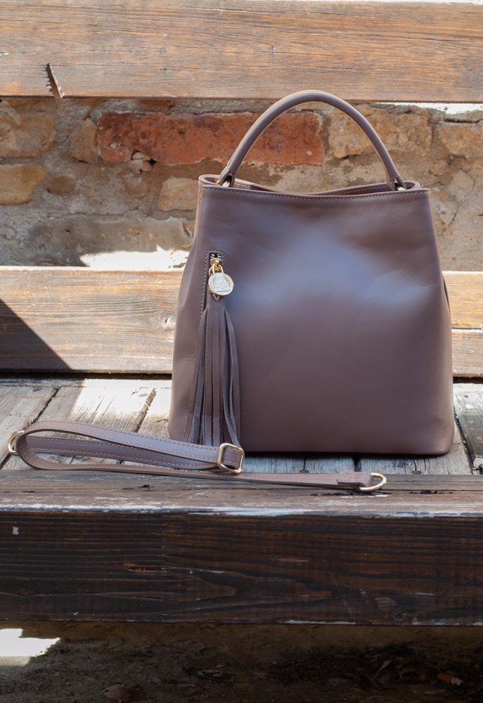 <em>Stefania</em> Italian Calfskin Leather Convertible Handbag in <em>Mocha</em>