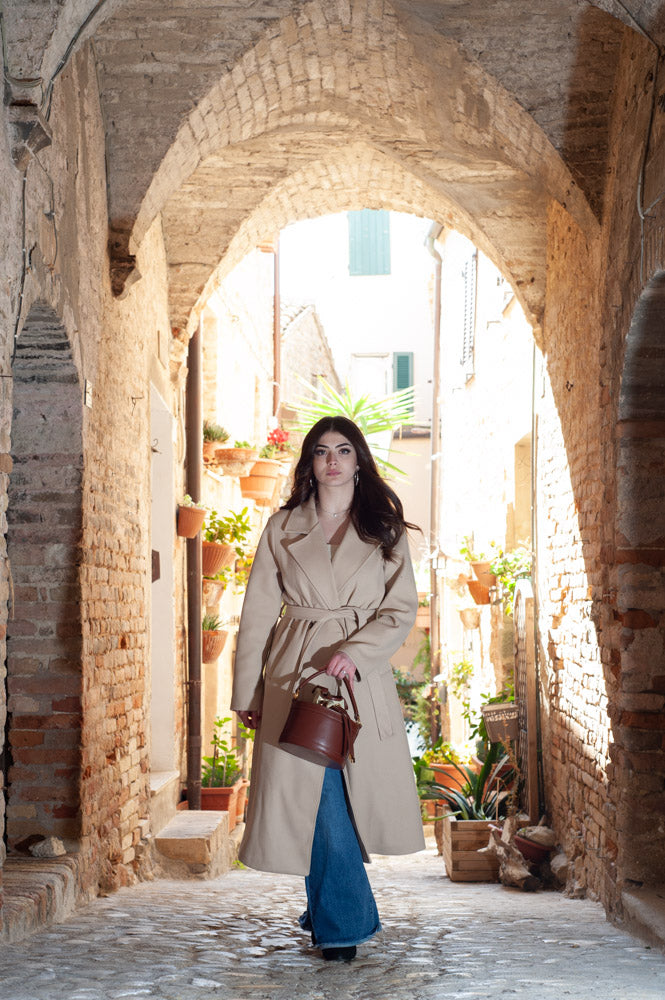 <em>Mery</em> Italian Calfskin Leather Round Bucket Bag in <em>Cappuccino</em>