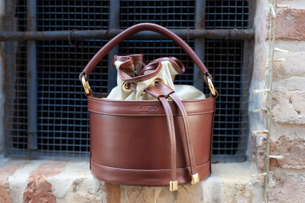 <em>Mery</em> Italian Calfskin Leather Round Bucket Bag in <em>Cappuccino</em>