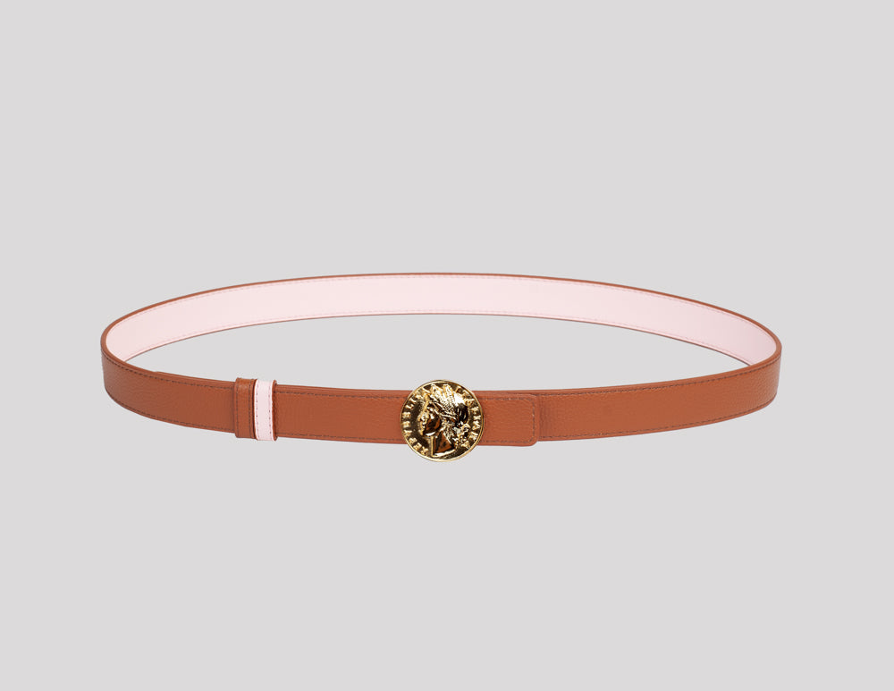 <em>Moneta</em> Reversible Italian Calfskin Leather Belt in <em>Ambra</em> and <em>Petalo</em>