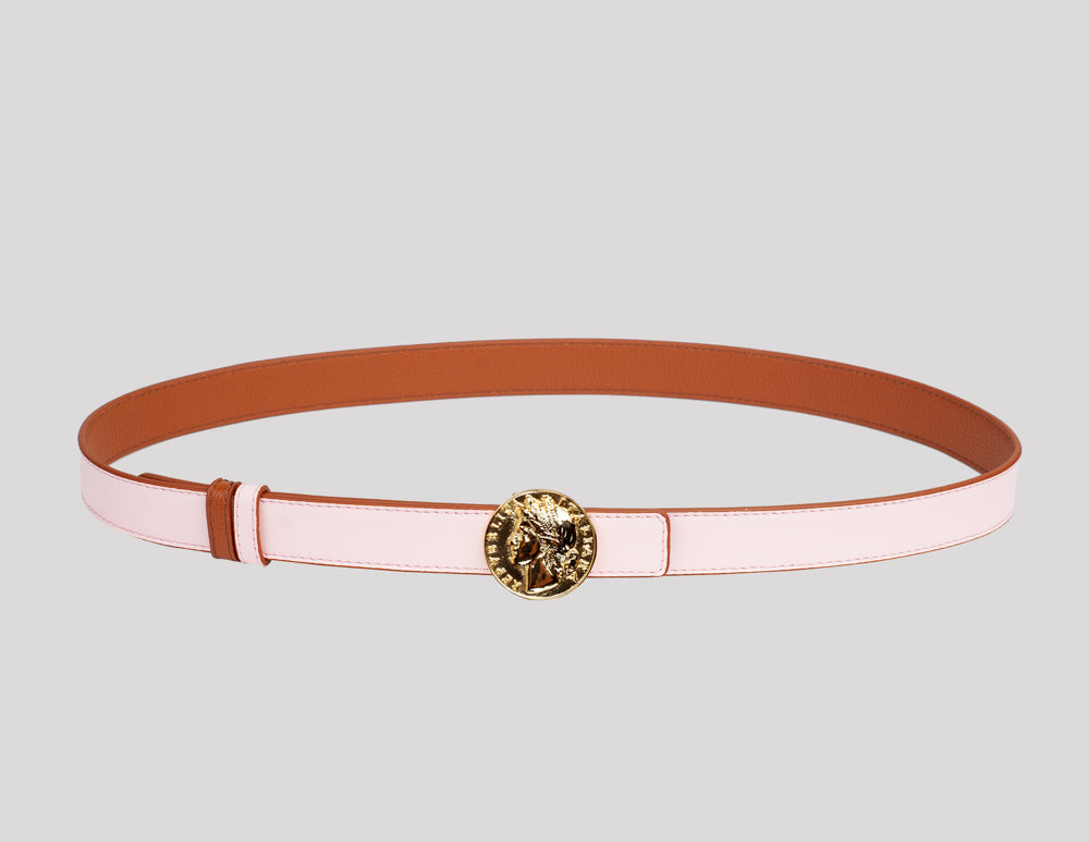 <em>Moneta</em> Reversible Italian Calfskin Leather Belt in <em>Ambra</em> and <em>Petalo</em>