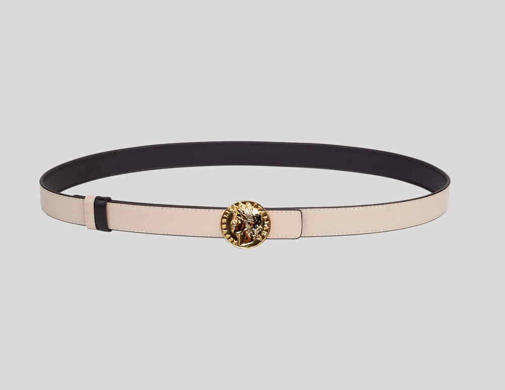 <em>Moneta</em> Reversible Italian Calfskin Leather Belt in <em>Testa di Moro</em> and <em>Panna Cotta</em>