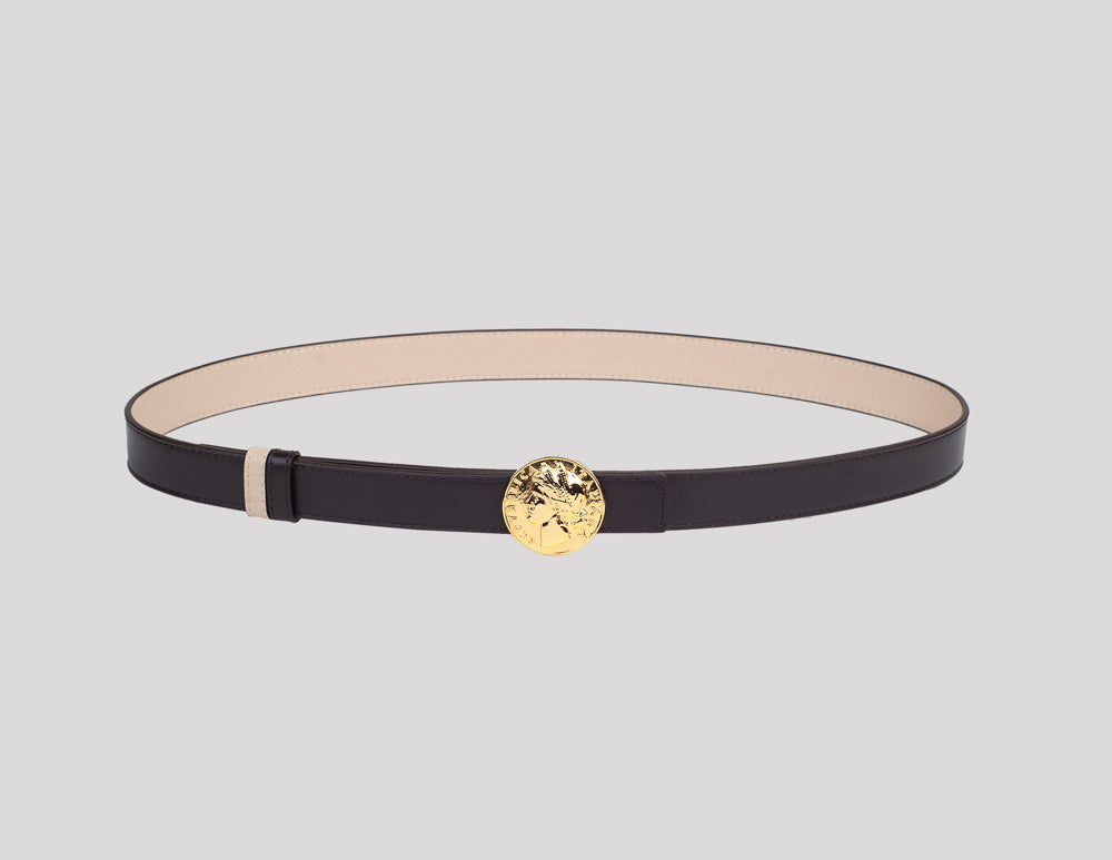 <em>Moneta</em> Reversible Italian Calfskin Leather Belt in <em>Testa di Moro</em> and <em>Panna Cotta</em>