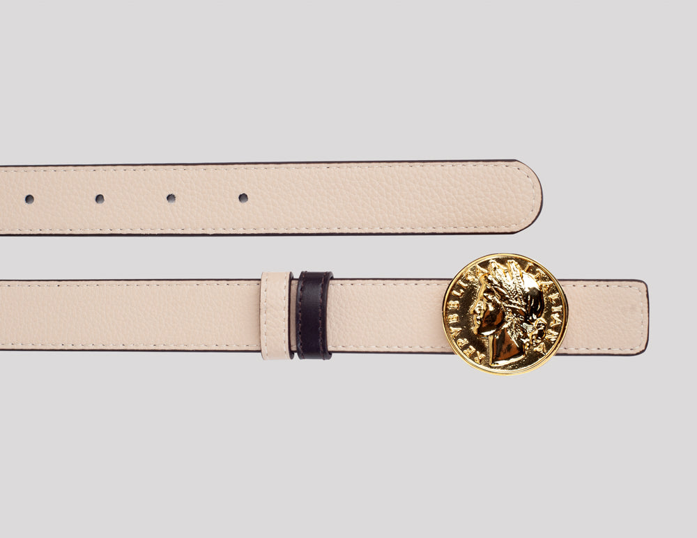 <em>Moneta</em> Reversible Italian Calfskin Leather Belt in <em>Testa di Moro</em> and <em>Panna Cotta</em>