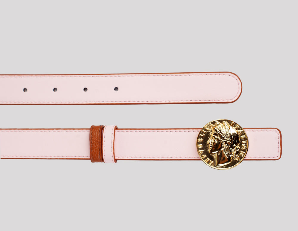 <em>Moneta</em> Reversible Italian Calfskin Leather Belt in <em>Ambra</em> and <em>Petalo</em>