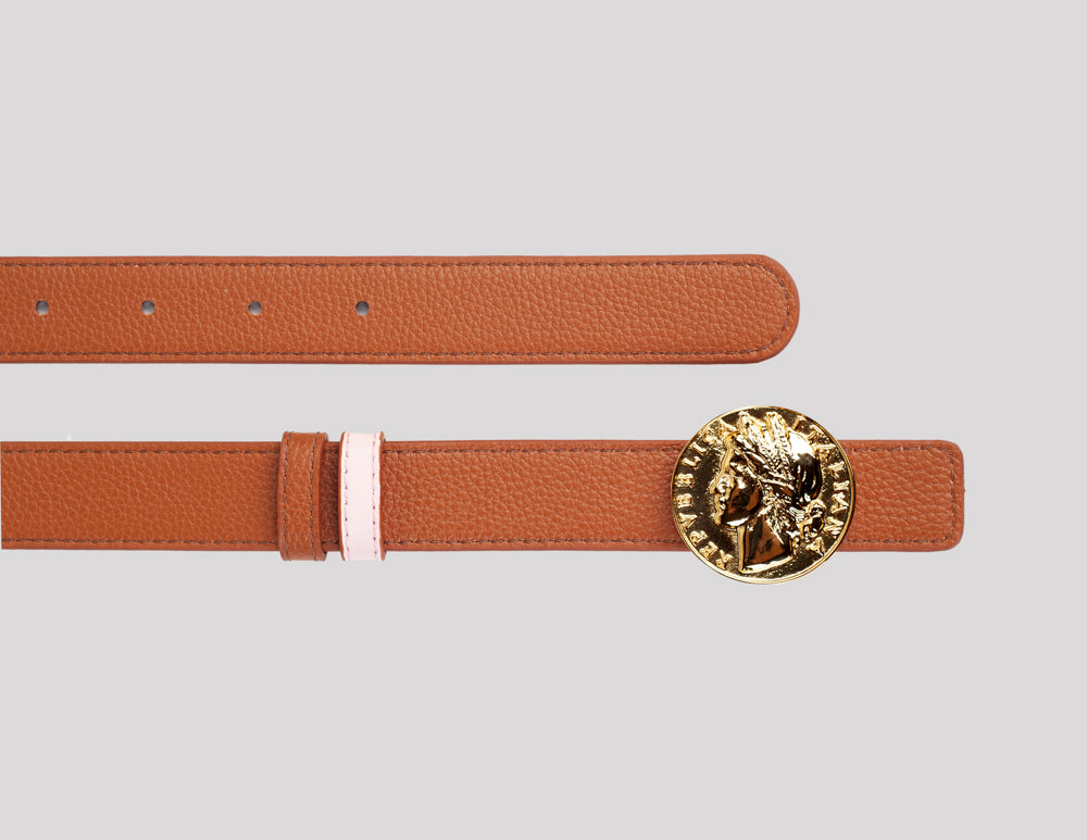 <em>Moneta</em> Reversible Italian Calfskin Leather Belt in <em>Ambra</em> and <em>Petalo</em>
