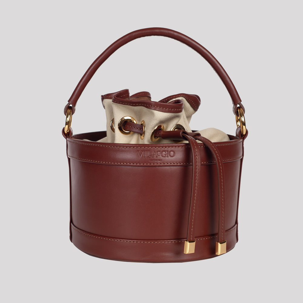 <em>Mery</em> Italian Calfskin Leather Round Bucket Bag in <em>Cappuccino</em>